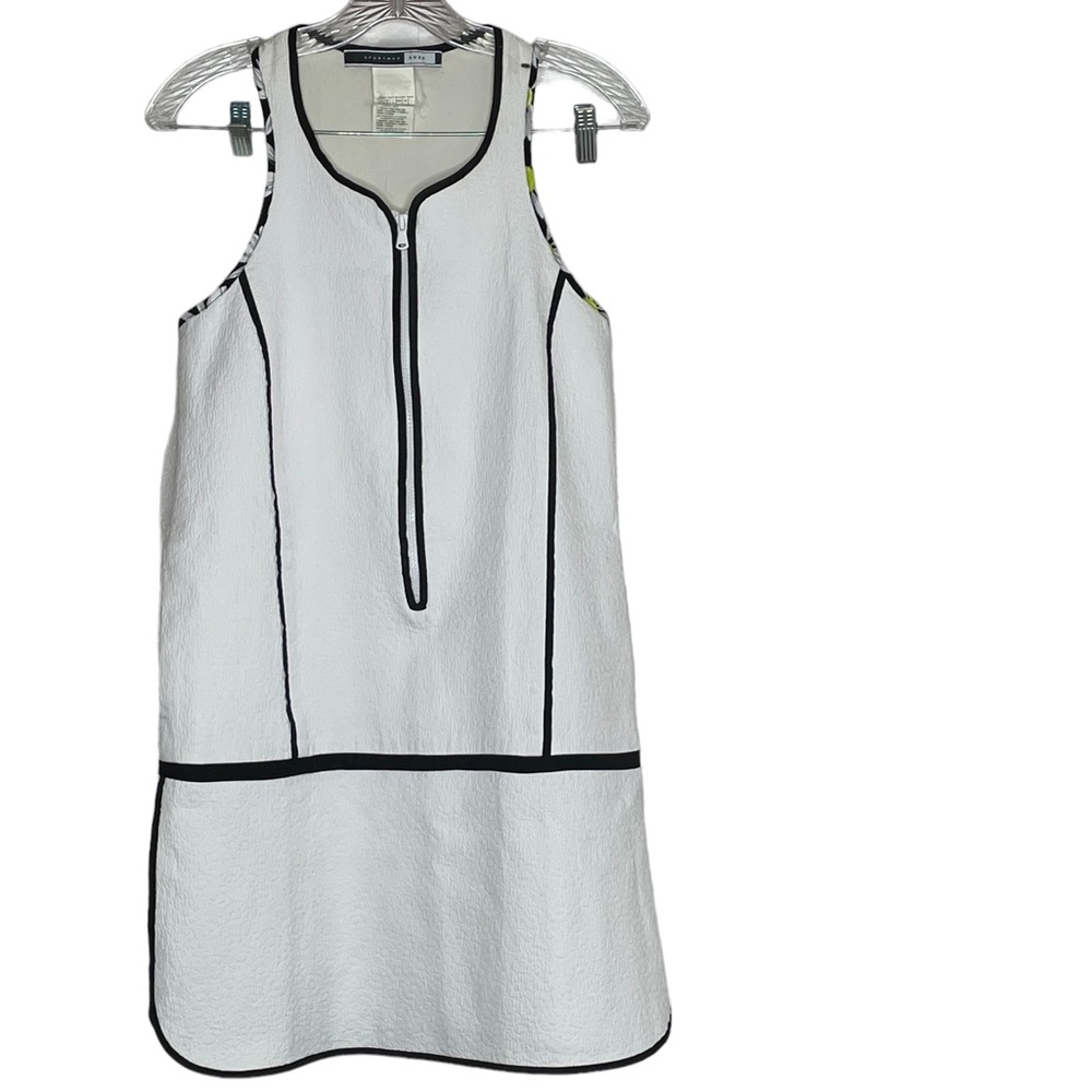 SportMax Code White‎ Cotton Blend Zip Front Dress, Floral Piping, Size 6